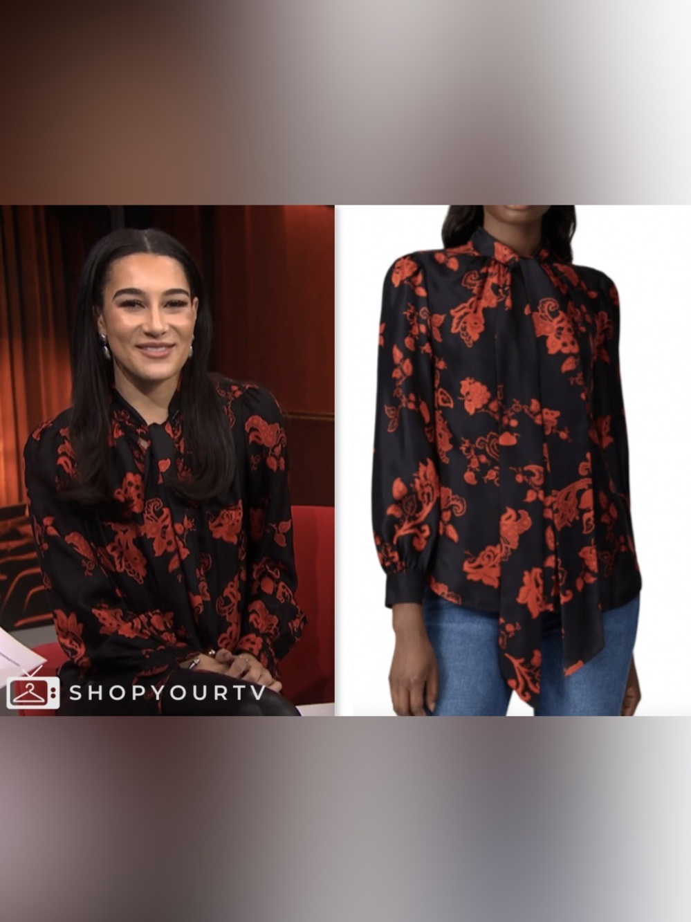 Tory Burch Black Blouse with Red Floral Tie-Neck